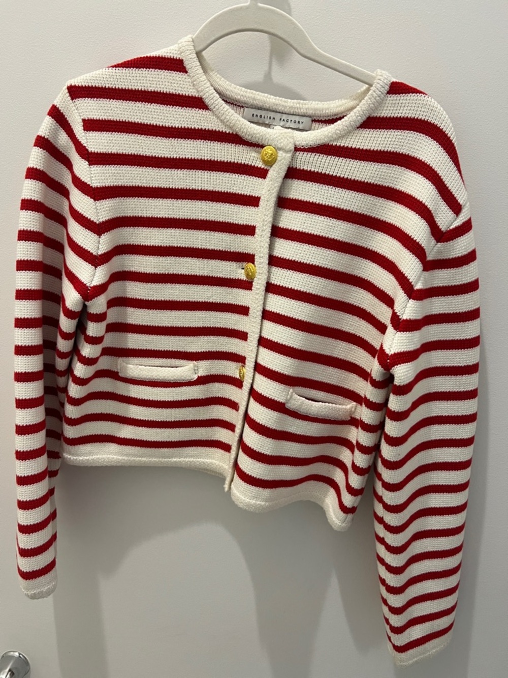 English Factory Red & White Striped Cropped Cardigan with Gold Buttons